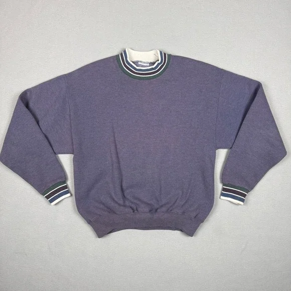 Vintage Purple Striped Trim Crewneck Sweatshirt Retro Pullover Cut Tag (Medium) - Picture 1 of 9